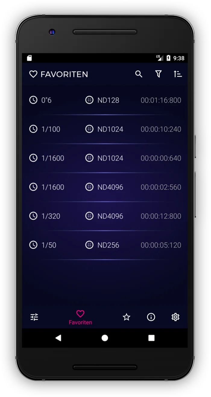 Favoriten in der ND-Filter Expert App